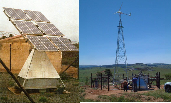 Südafrika: Installation einer dezentralen Energieversorgung mit 6 kW-Windkraftanlage und PV-Anlage. Die PV-Alage wurde auf einer Pyramide montiert, die in den Seitenräumen die Anlagensteuerung, den Batteriespeicher sowie den Propangasmotor integriert hat 