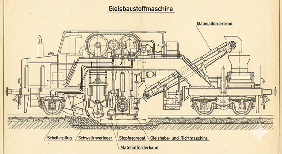 Eine detaillierte technische Schnittzeichnung auf vergilbtem Papier, die eine komplexe Gleisbaustoffmaschine zeigt. Die Zeichnung illustriert das Innenleben mit Zahnrädern und Mechanismen. Beschriftete Pfeile weisen auf die verschiedenen Funktionsbereiche