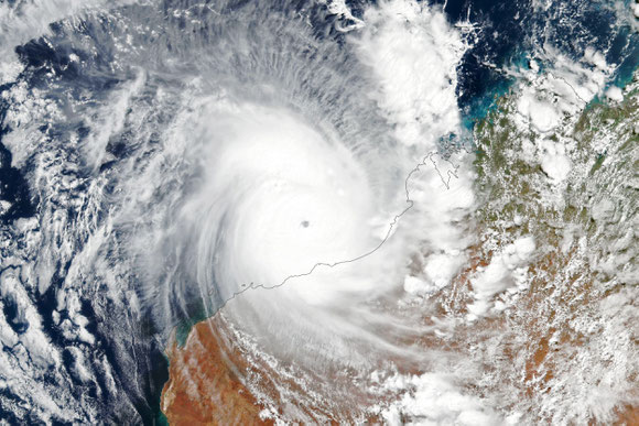 Category 5 Tropical Cyclone Ilsa approaches the north-west Australian coast at 1:45 pm on 13 April 2023. Credit: NASA's Earth Observatory. From www.bom.gov.au.