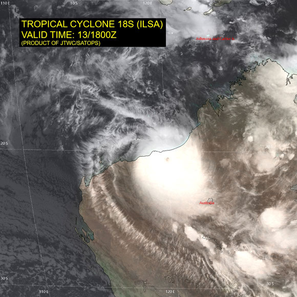 Satellite image showing severe tropical cyclone Ilsa while making landfall off north Western Australia. April 14 2023. Image from JTWC.