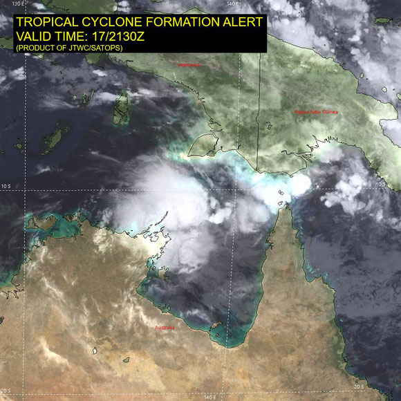 Satellite image of a developing tropical cyclone in the Gulf of Carpentaria, April 18 2025. Image from JTWC.
