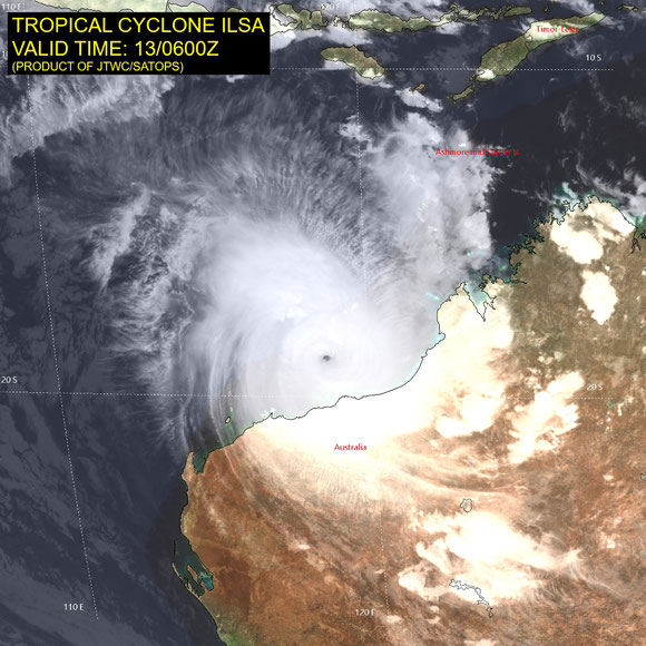 Satellite image showing severe tropical cyclone Ilsa prior to landfall off north Western Australia. April 13 2023. Image from JTWC.