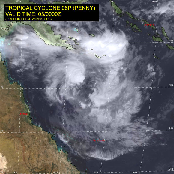 Satellite image of (zombie) Tropical Cyclone Penny (1300 AEST 03 Dec 2019). Image from JTWC.