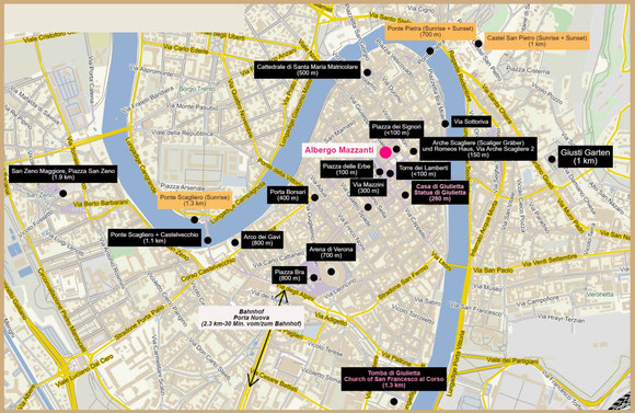Karte und Routenverlauf für den Romeo und Julia Rundgang durch die Altstadt von Verona.
