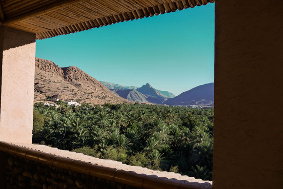Blick auf den Dattelhain von der überdachten Terrasse des noch-nicht-Restaurants. Wir dachten, es hätte bereits wieder pleite gemacht, erfuhren dann aber, dass es noch gar nie geöffnet war.