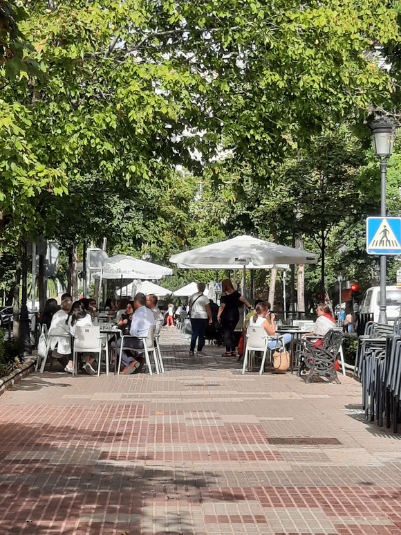 Die Stadt hat aber auch schöne Parks und eine bestimmt 400 m lange Avenida, in deren Mitte Cafés und Restaurants liegen,  unter Bäumen. 