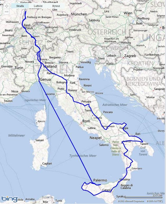 Anreise nach Genua, dann in rund 20 Stunden mit dem Schiff nach Palermo. In 13 Tagen auf dem Landweg zurück