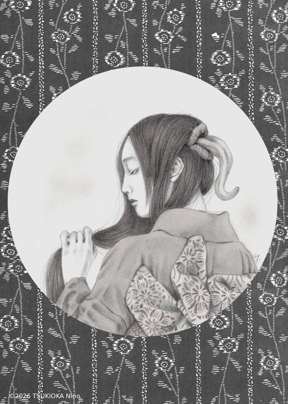 日本の妖怪「二口女（ふたくちおんな）」を描いたアナログイラスト