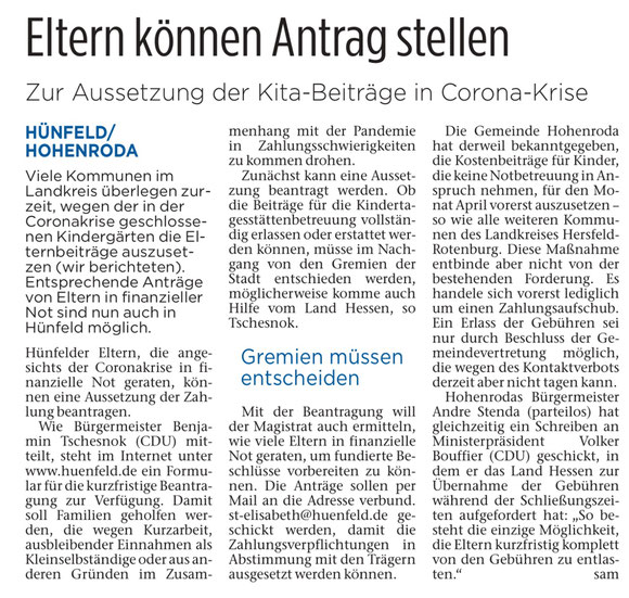 Zeitungsartikel aus der Hünfelder Zeitung vom 08.04.2020