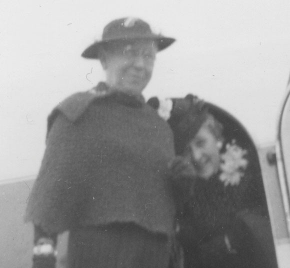 Alice and Alma en route to SFO in 1948 -- Alice in her hand-knitted traveling suit