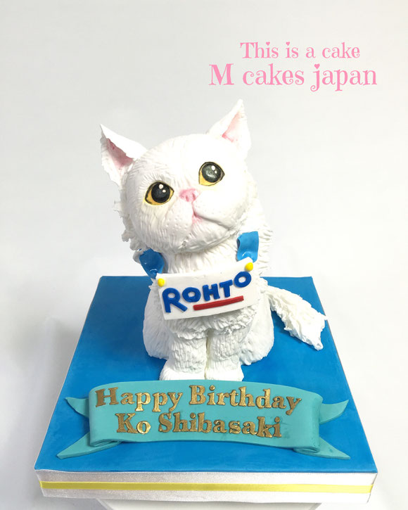 ロート白潤に出てくる白猫ちゃんイメージケーキ✨🐱 #顔潰れてる系 #可愛い #顔潰れてる系犬でも猫でも可愛い #猫ちゃんをキャラクター風に #白猫 #neko #shironeko #rohto #animalcake #cat #whitecat #white #fondant #誕生日ケーキ #fondantcake #爽やか #猫ちゃん