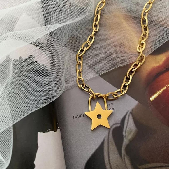 Collier chaine cadenas étoile en acier inoxydable doré pour femme