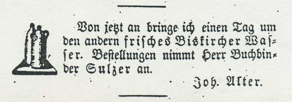 Inserat von Johann Alter im Wetzlarer Kreis- und Anzeigenblatt vom 21. 7. 1854 