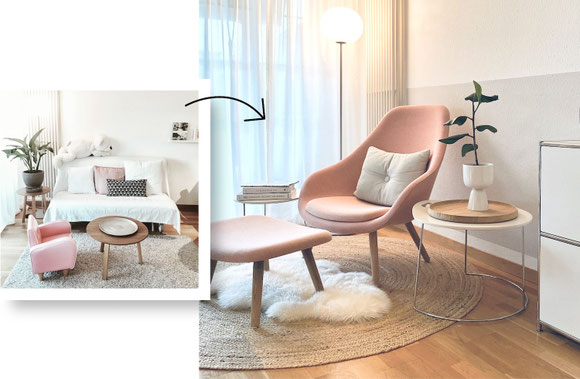 Vorher-Nachher Beispiel einer Wohnberatung in Zuerich von aemilia Interior mit modernem Interior Design und harmonischer Farbgestaltung.
