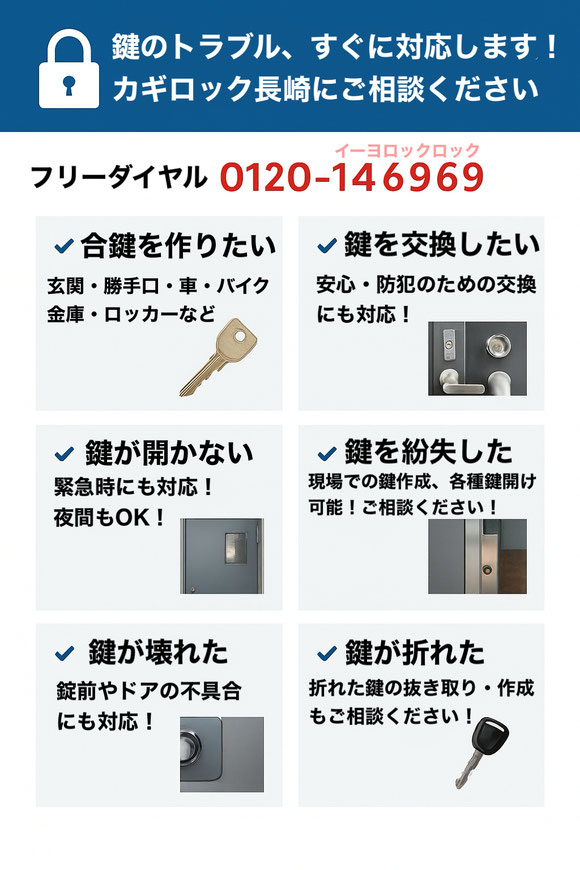 長崎・佐世保・西海市で鍵の交換・開錠・修理・紛失対応を行う「カギロック長崎」のサービス紹介ポスター。車・バイク・金庫・玄関鍵にも対応。