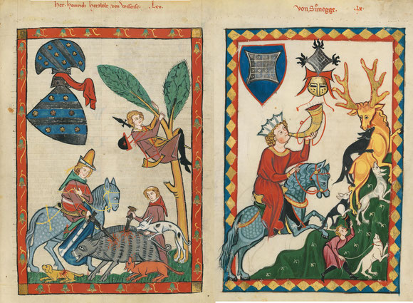 Jagdhörner im Einsatz. Darstellungen aus der Großen Heidelberger Liederhandschrift (Codex Manesse)