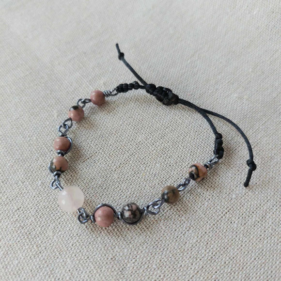 Bracelet quartz rose rhodonite réglable fait main l' Arche de Jessica