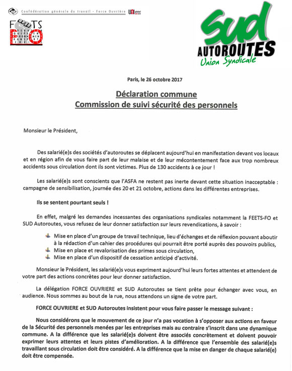 ASFA déclaration commune FO-Syndicat SUD Autoroutes