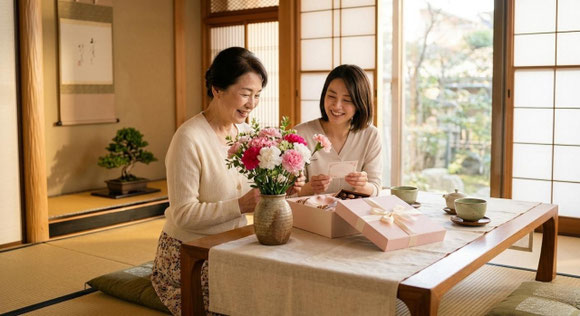 母の日のプレゼントに喜ぶ母親の姿