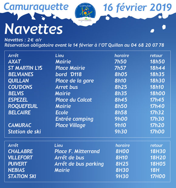 horaires navettes Camuraquette