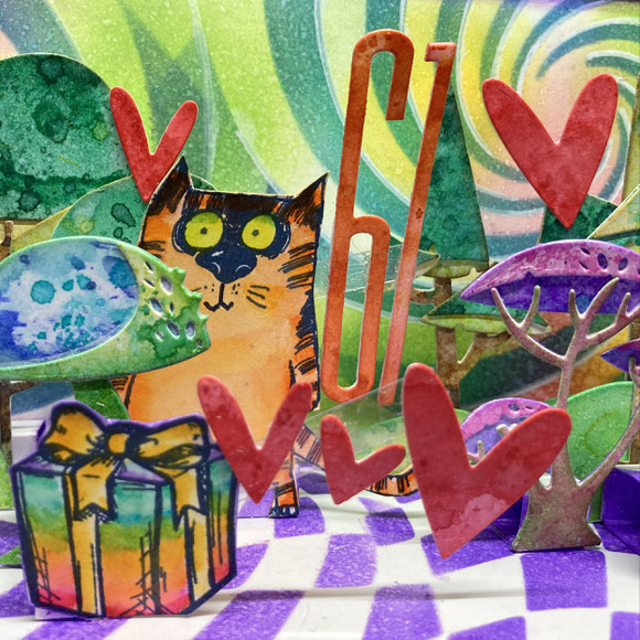 pop up card, birthdaycard, handmade card, cat, psychedelic art, rainbowcolors, Tim holtz, stamps, diecuts, distress inks