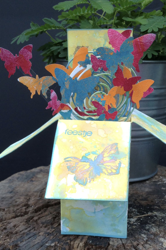 popup boxcard with butterflies, made with distress oxide inks and gelliprints