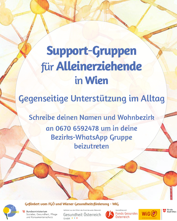Support-Gruppen für Alleinerziehende in Wien. Gegenseitige Unterstützung im Alltag. Schreib deinen Namen und Wohnbezirk an 0670/6592478 um in deine Bezirks-WhatsApp-Gruppe beizutreten. 