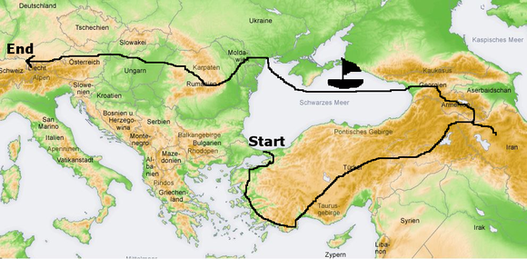 Startpunkt: Türkei, Istanbul. Weiter in Iran, Armenien, Georgien. Mit dem Schiff nach Odessa. Von dort aus planmäßig über Moldawien und Transnistrien nach Rumänien, Ungarn, Slowakei Österreich, Deutschland oder nicht-planmäßig woanders.