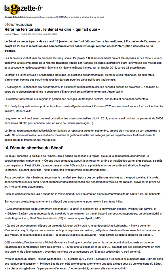 article paru dans la Gazette des communes, 13.01.2015