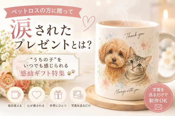 ペットロス プレゼントとして人気の、犬猫の写真から作る水彩タッチ似顔絵マグカップ。愛犬・愛猫を形に残せるメモリアルグッズです。