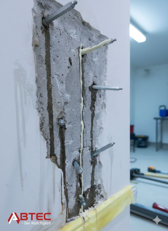 Professionelle Rissinjektion in einer Betonwand in Düsseldorf durch ABTEC der Abdichtprofi – Kraftschlüssiges Verfüllen von Mauerwerksrissen gegen eindringendes Wasser.