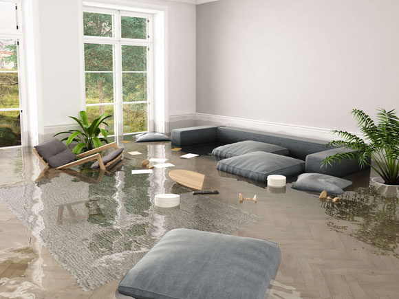 Überschwemmtes Wohnzimmer nach Starkregen/Unwetter/Rohrbruch