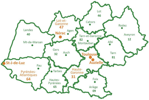 Toulouse et Auzielle (31 Haute-Garonne), Nérac (47 Lot-et-Garonne), Saint-Jean-de-Luz (64 Pyrénées-Atlantiques)