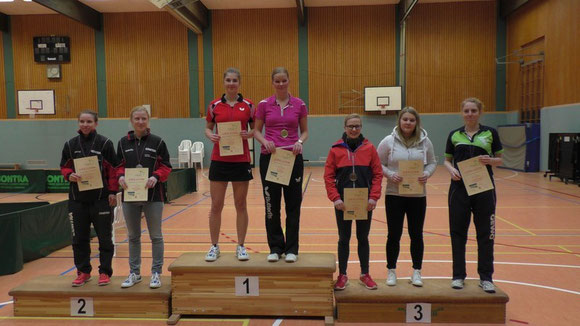 Siegerfoto Damen-Doppel:  1. Platz: Bianca Dahlke/Vivien Scholz (TSV Schwarzenbek)  2. Platz: Isabelle Laskowski/Jeanine Liebold (TSV Schwarzenbek)  3. Platz: Lena Meiß/Pia Schwitalla (SC Mittelpunkt Nortorf) 3. Platz: Catharina Grothkopp/Luca-Marie Kabel