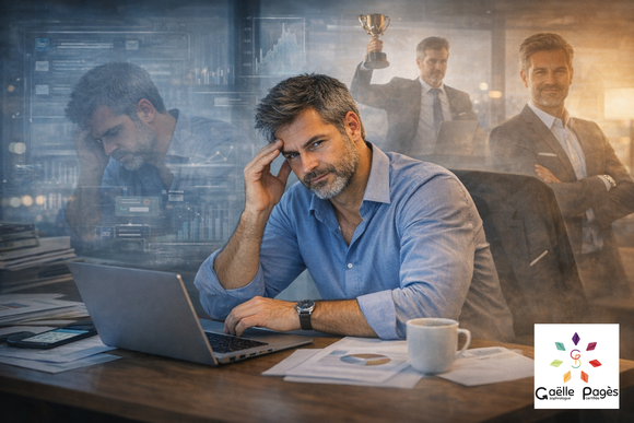 Un homme assis à son bureau devant un ordinateur, entouré de projections spectrales de lui-même représentant la pression professionnelle : le succès avec un trophée, l'épuisement et l'autorité. Il semble préoccupé et sollicité par ces injonctions de réuss