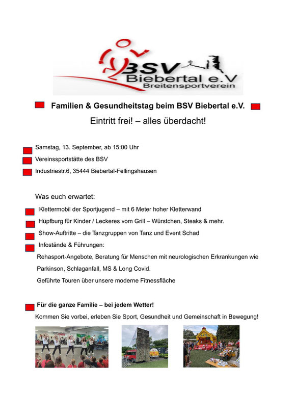 Einladung zum BSV Gesundheitstag am 13. September ab 15 Uhr im Vereinsheim, Industriestraße 6, 35444 Biebertal