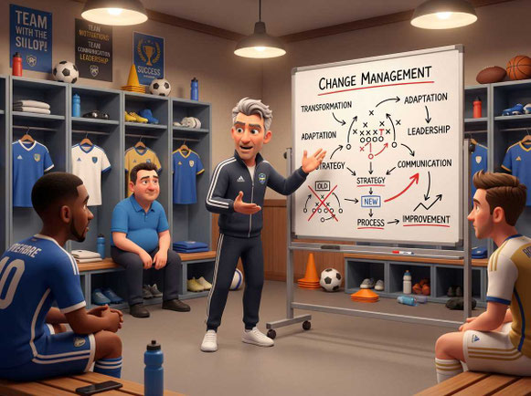 Ein Trainer erklärt Spielern in der Kabine Change Management