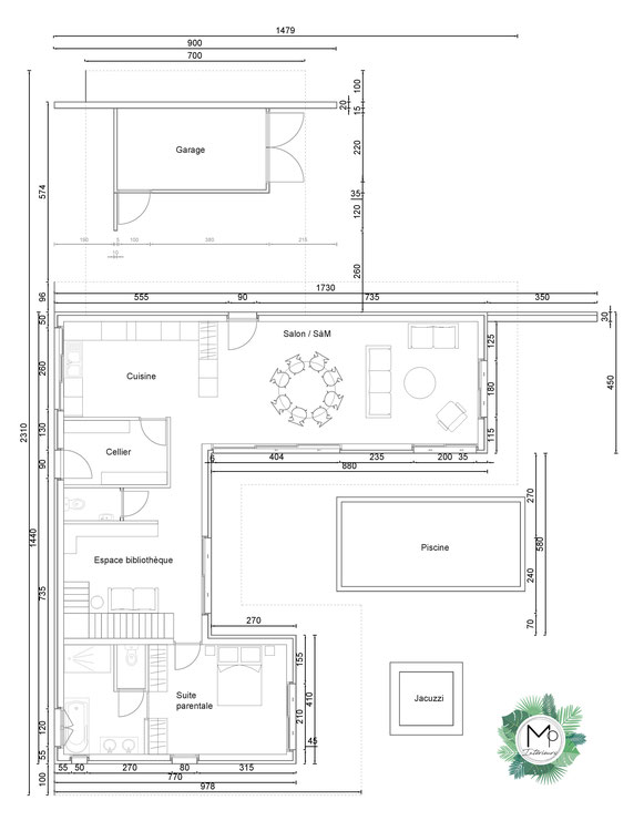 Projet de maison par MP intérieurs, Architecte d'intérieur UFDI : Plan masse d'une maison avec suite parentale, espace salon, salle à manger, cuisine, bibliothèque, rez de chaussée.