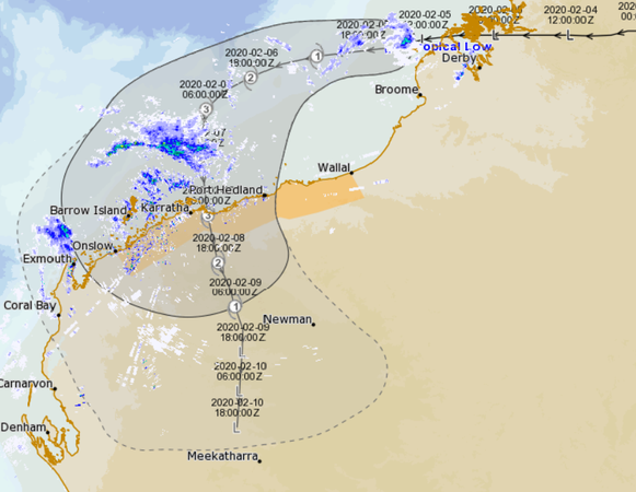 track map of TC Damien 06/02/2020. Image from Meteye, www.bom.gov.au.