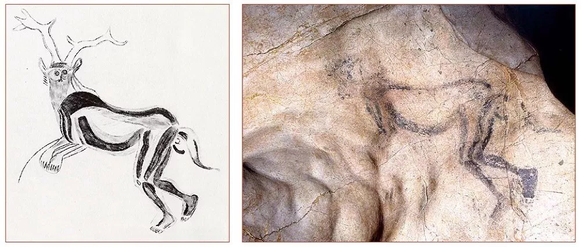 Foto original y calco realizado por Henri Breuil del antropomorfo conocido como “El Hechicero”. Cueva de Les Trois Freres, Francia, 15.000 años de antigüedad.