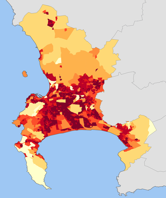 Map showing population densities in Cape Town at 2001 where darkest red is over 3000 inhabitants/km² (courtesy Stats SA)