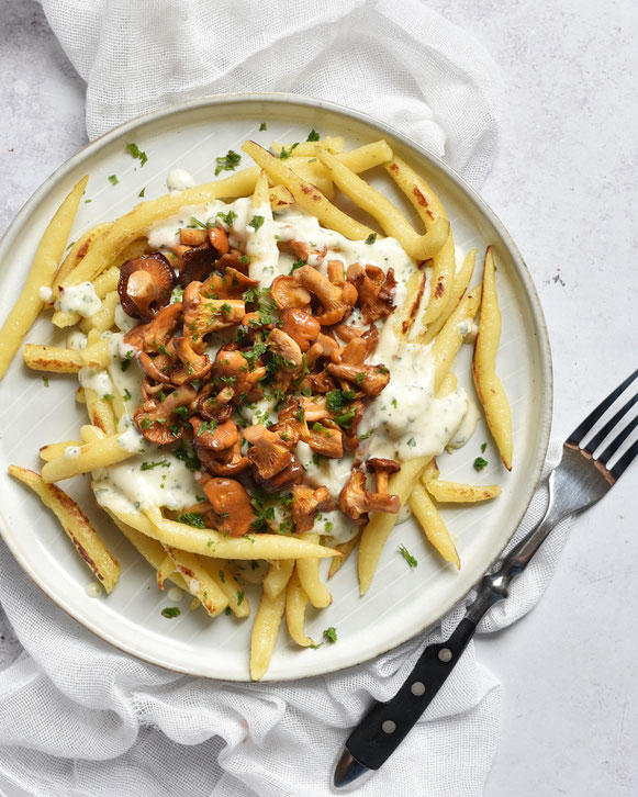 Pfifferlinge in Kräuter-Sahne-Soße mit Schupfnudeln, einfach, schnell und lecker, Thermomix, Airfryer bzw. Heißluftfritteuse, Pfanne, Express-Rezepte, Familienküche