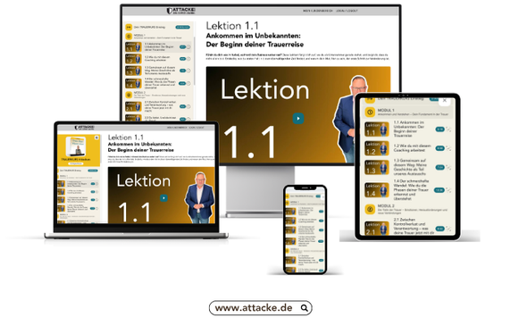 Die Kursinhalte des TRAUERKURS Online-Coachings sind auf verschiedenen Endgeräten wie Desktop-PC, Smartphone oder Tablettcomputer abrufbar (siehe Foto). Es ist jedoch eine Onlineverbindung erforderlich.