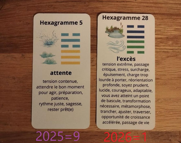 On passe de 2025 de l'attente à 2026 à l'excès ... retrouver le jeu des 64 hexagramme ci-dessous.