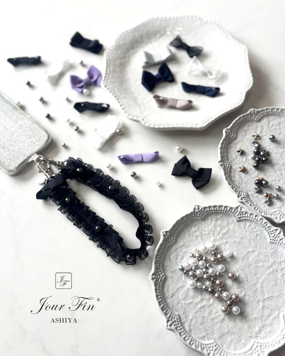 JourFin ジュールフィン ラブリボン LoveRibbon リボン リボン教室 リボン教室芦屋 リボンレッスン リボンワーク リボン資格 リボン資格取得コース フリルハンドルストラップ ハンドルストラップ スマホストラップ リボンレッスン 木馬リボン ワークショップ 百貨店販売