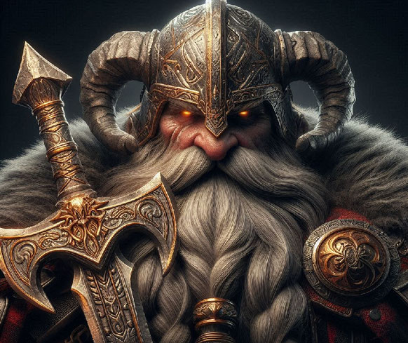 Ein Zwerg mit glühenden Augen, grauem Bart, Schwert und Helm. Erstellt mit Microsoft Designer.