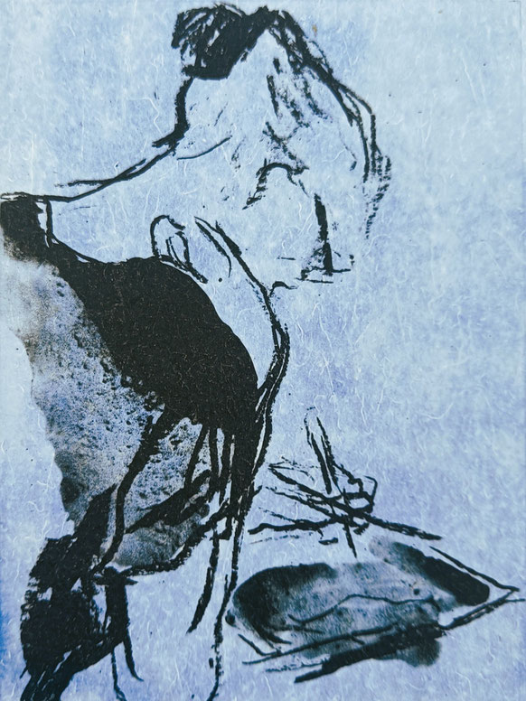 PRINTMAKER WITH DRYPOINT NEEDLE | 2026 | 30 x 21 cm | plate lithography on handmade blue paper by Aquaripaper | edition: 7