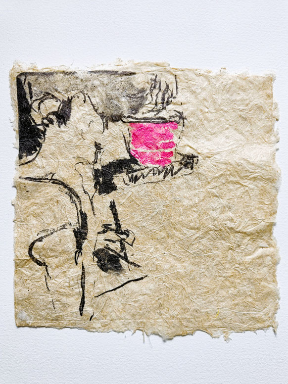 EAST MEETS WEST – Grafikwerkstatt Dresden | 2026 | 20,5 x 20,5 cm | algraphy and drawing by Heike Berl | handmade asparagus paper by Barbara Proksch | 3 unique pieces in series