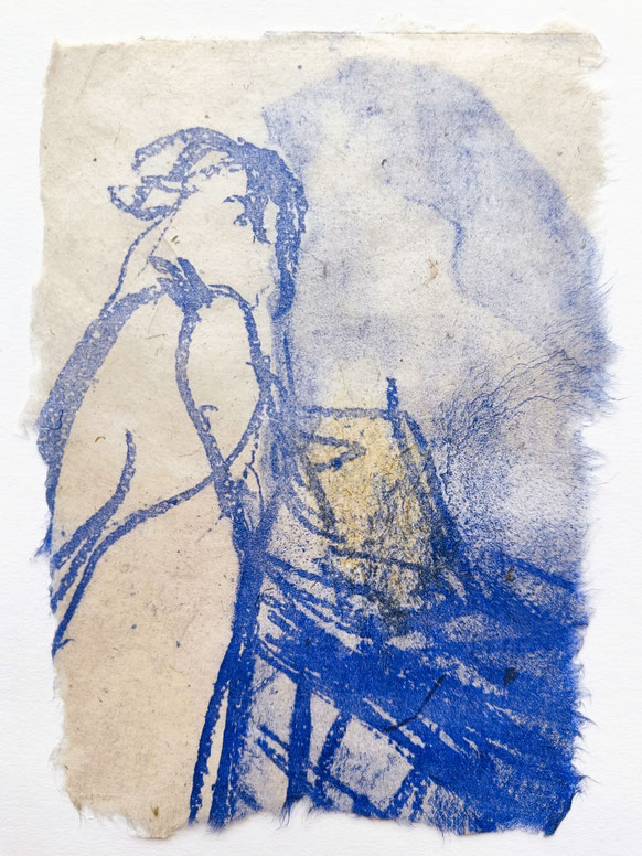 The Papermaker. NORTH AMERICAN MAIL ART EXCHANGE PROGRAM 2024. Heike Berl, Germany (motif, algraphy, chine collé) & Sheryl Jaffe, United States (handmade kozo paper), edition of 4