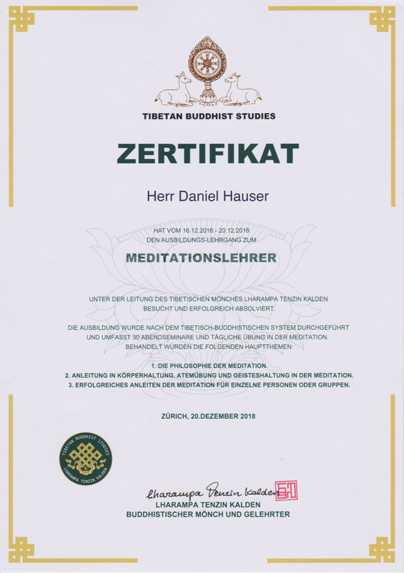Zertifikat, Diplom, Urkunde, Meditationslehrer, Daniel Hauser, Buddhismus, Coach, Naturcoach, Coaching